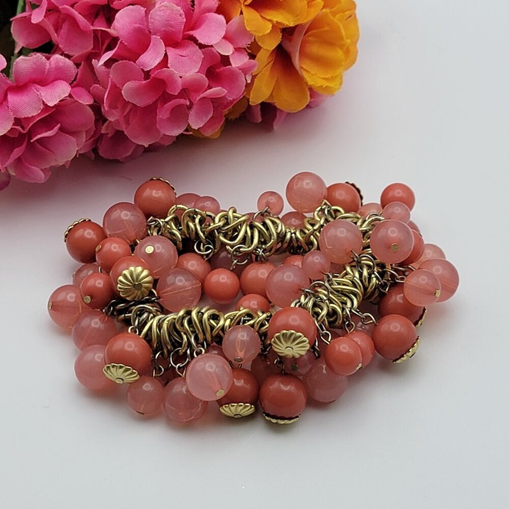 Vintage Pink Lucite Bead Cha Cha Bracelet Gold Tone 6.5" Stretch Sizable